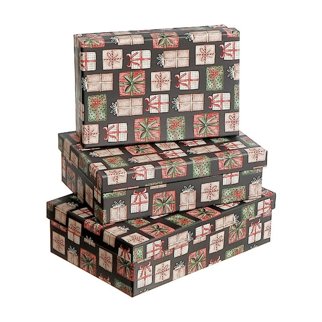 Set of three rectangular nesting boxes decorated with a holiday-themed pattern of wrapped gifts in red, green, and white colors.