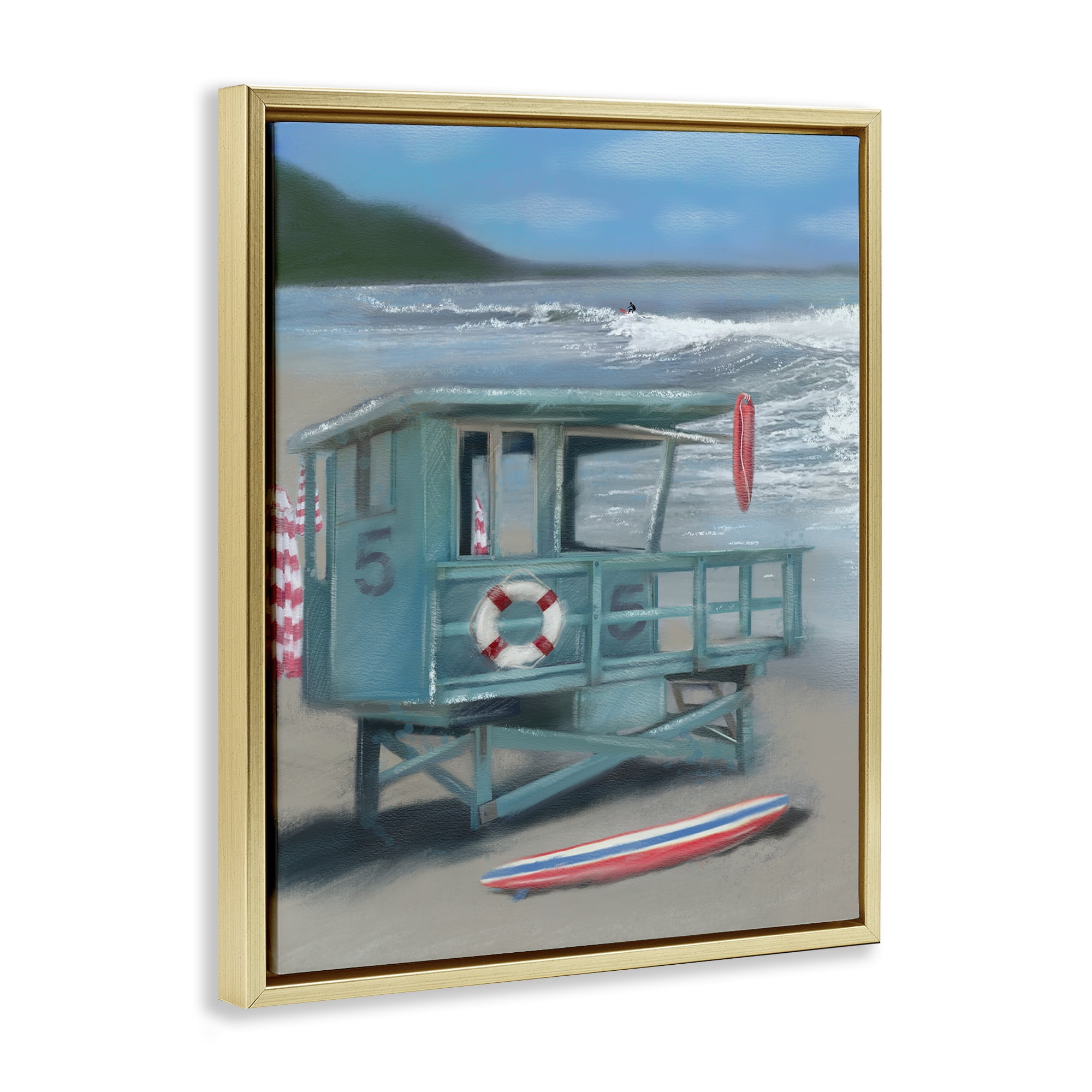 Stupell Industries Lifeguard Stand on Shore Coastal Painting Gold Floater Framed Canvas Art Print Wall Art, 17 x 21