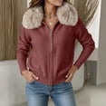 thumbnail image 5 of IUYRTFE Women Zip Up Jacket Faux Fur Collar Knitted Cardigan Short Coat for Autumn Winter Casual Wear, 5 of 7