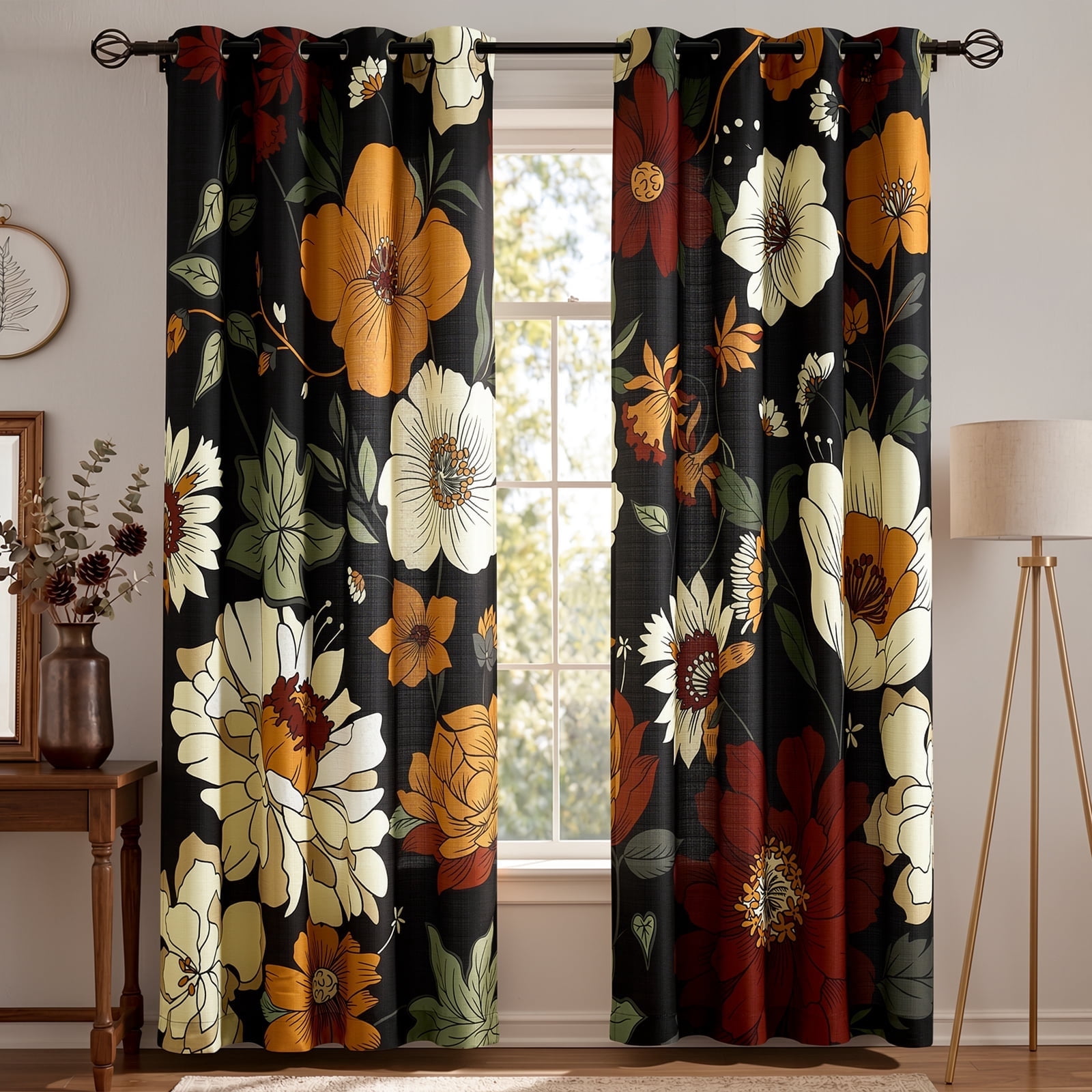 Curtainking Floral Curtains for Living Room Bedroom Vintage Inspired Retro Flower Print Curtains 84 Inches Long Linen Textured Light Filtering Grommet Drapes Set of 2 Panels Black