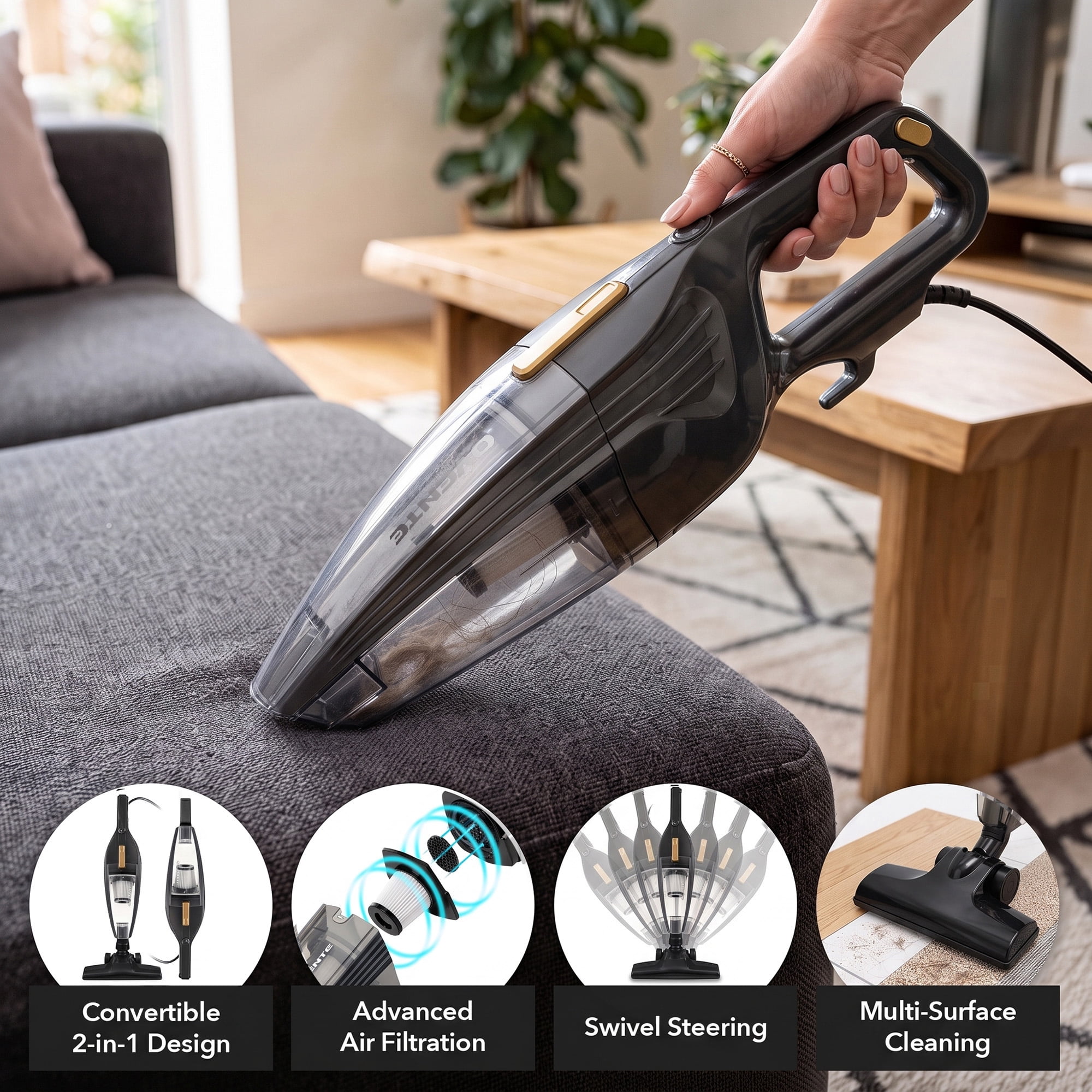 OVENTE Electric Corded Stick Vacuum, 600W Motor, Black ST101BGD | Powerful Suction, Handheld Lightweight Bagless Multi-Surface Cleaner for Home, Includes Floor Brush and Crevice Nozzle Tool