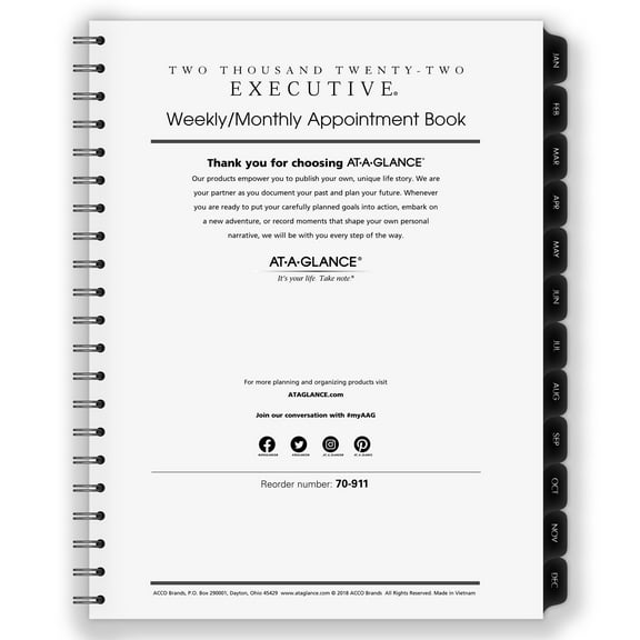 At-A-Glance Executive 2022 Weekly Monthly Refill for 70-NX81, Large, 8 1/4" x 11"