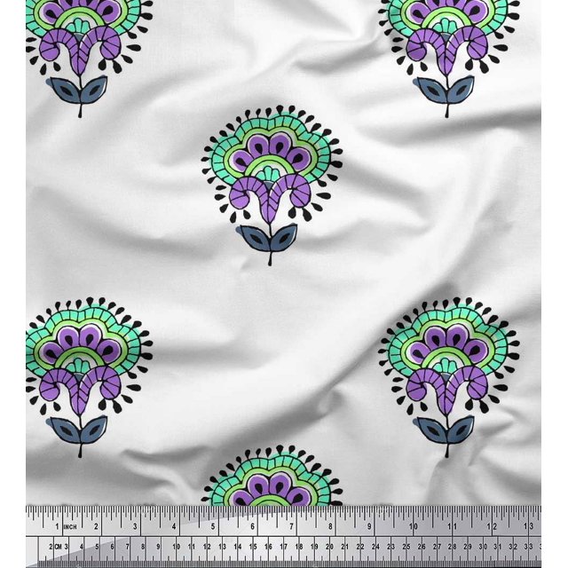 Soimoi Modal Satin Fabric Leaves & Floral Block Print Sewing Fabric Yard 42 Inch Wide