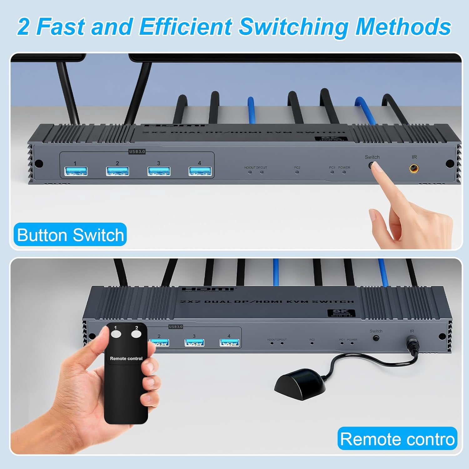 8K Dual HDMI KVM Switch 2 Monitors 2 Computers 8K@60Hz/4K@144Hz,Support 2 Computer Dual Monitors and 4 USB 3.0 Devices,Share Keyboard Mouse Printer with IR Controller
