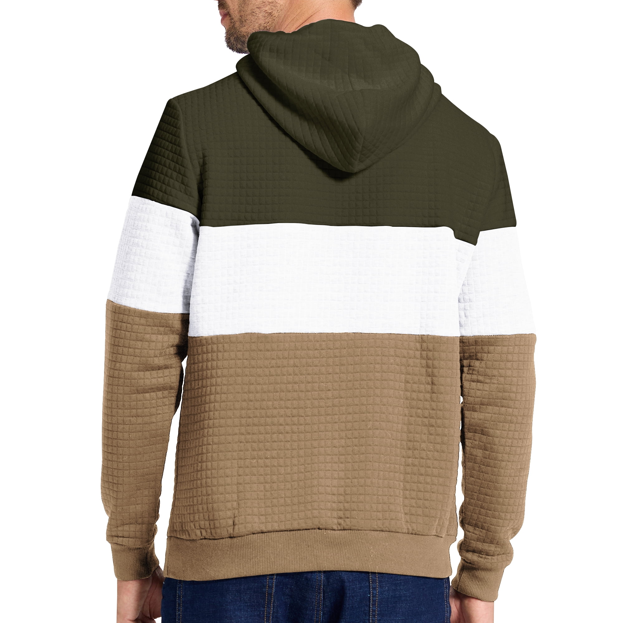 Satankud Men's Pullover Hoodies Plaid Jacquard Color Block Long Sleeve Casual Hooded Sweatshirts with Kanga Pockets Armygreen/White/Khaki XL