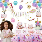 Unicorn Birthday Decorations for Girls, 1-9 Years Old Unicorn Party Supplies Set Include Backdrop Balloons Banner Tablecloth Cake Topper Headband 10pcs Tableware Invitation Cards Candy Box