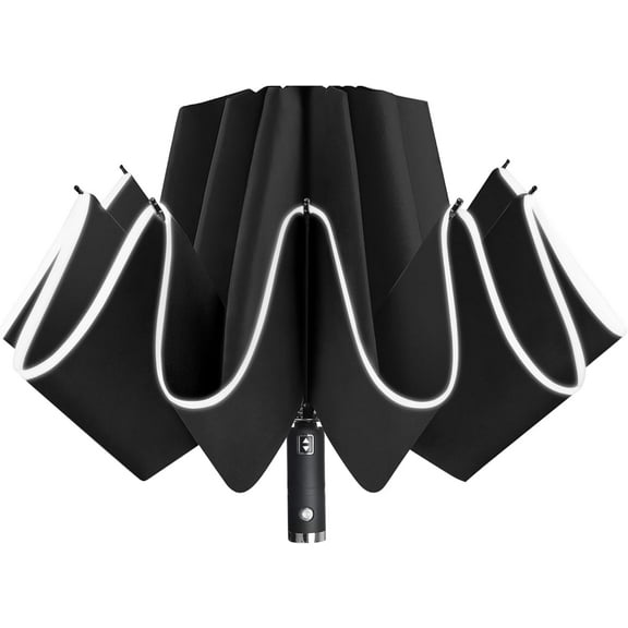 Folding Reverse LED Umbrella - Upside Down Reflective Umbrellas Compact Inverted Travel Windproof Umbrella Auto Open Close for Rain
