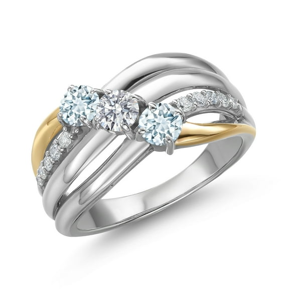 Gem Stone King 925 Silver and 10K Yellow Gold Sky Blue Aquamarine and Lab Grown Diamond Engagement Ring for Women | 0.92 Cttw | Round 4MM | March Birthstone | Size 5