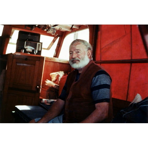 24x36 gallery poster, Ernest Hemingway in the cabin of his boat Pilar, off the coast of Cuba, c. 1950