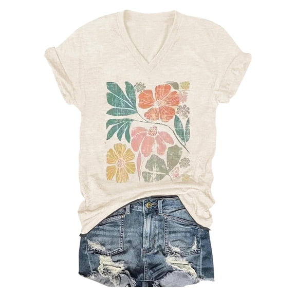Trendfront Womens Retro Floral T Shirts Graphic Print V Neck Casual Short Sleeve Loose Fit Tops Trendy Fashion Tee Pullover Everyday Clothing