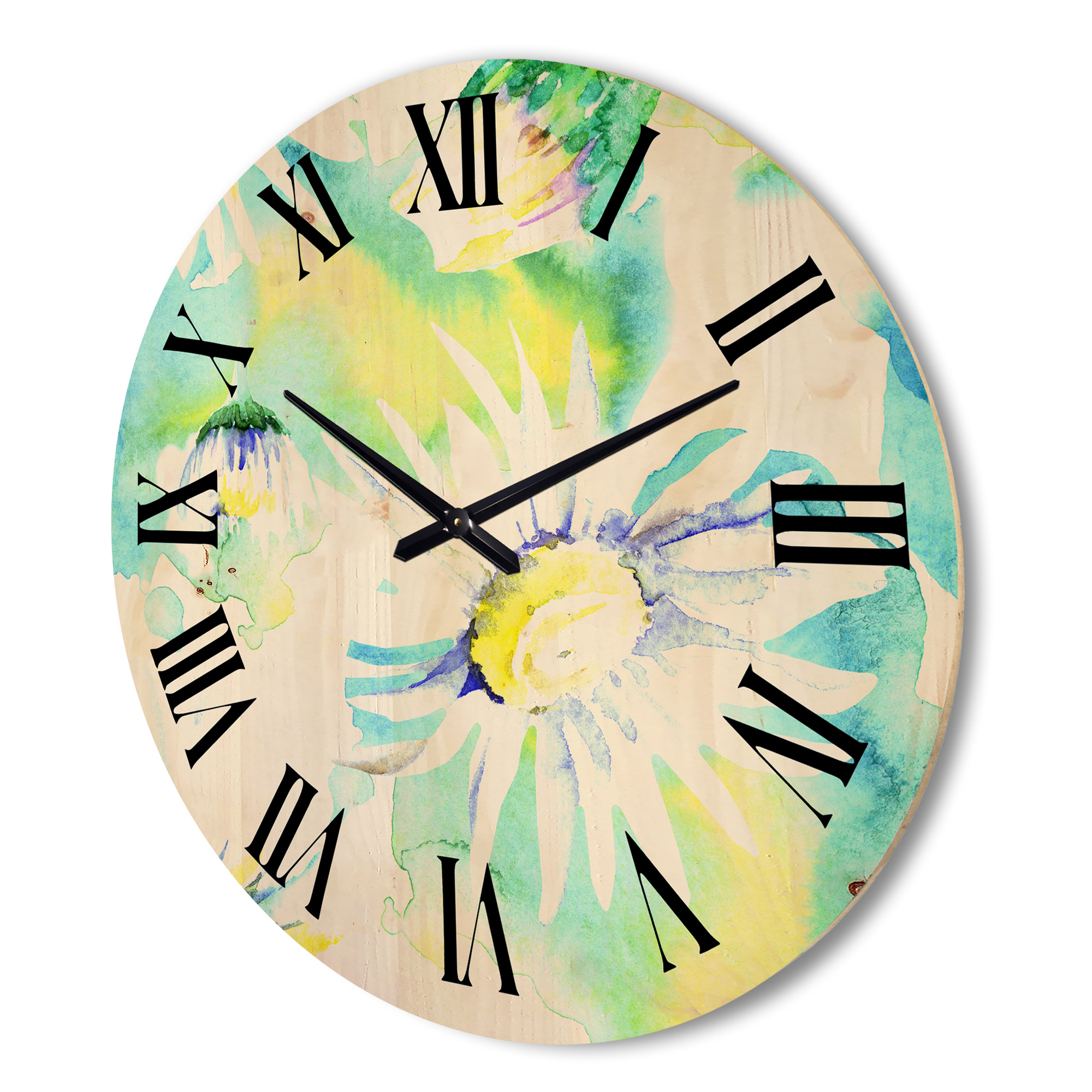Designart 'Aquarelle Impression of Daisy Flowers II' Traditional Wood Wall Clock
