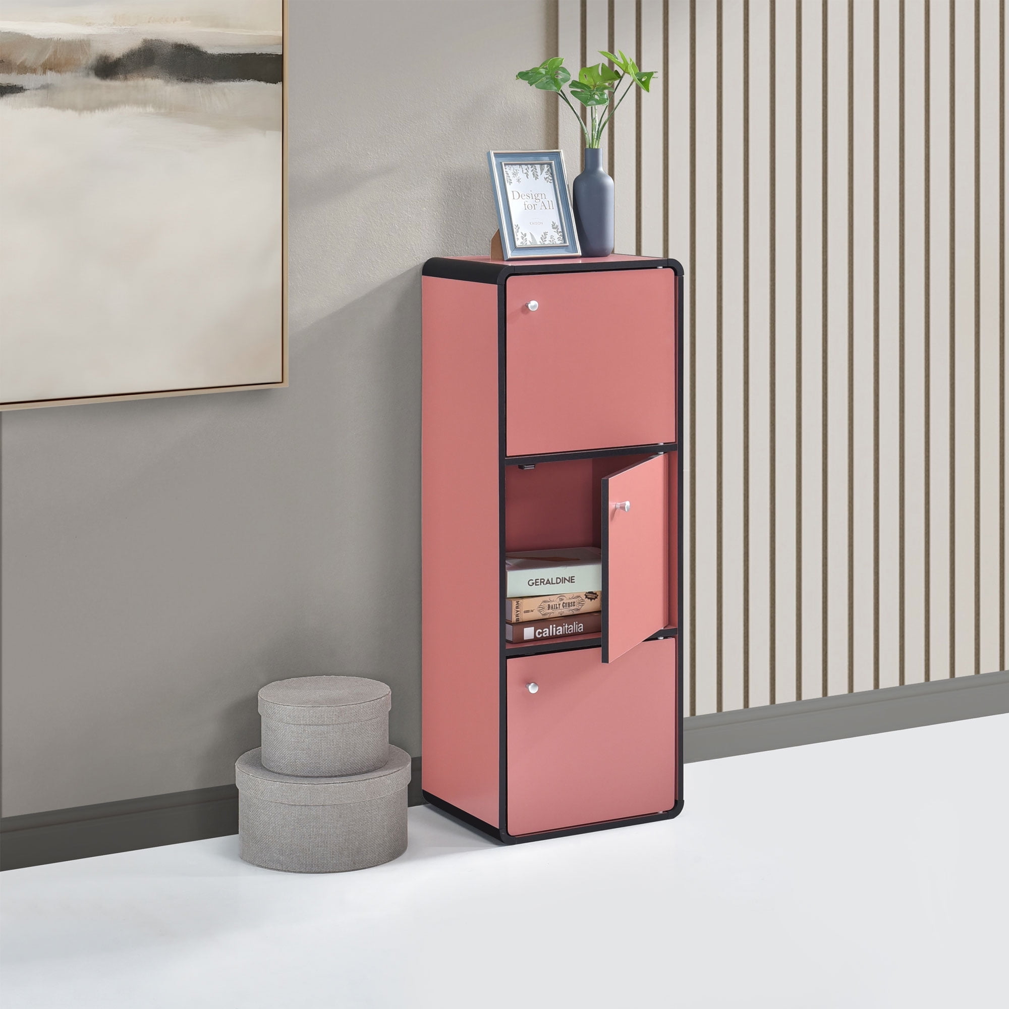 Kings Brand Furniture Dothan Wood 3-Cubed Closed Bookcase - Storage Shelf Organizer Bookshelf, Red