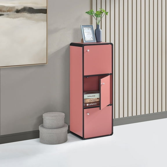 Kings Brand Furniture Dothan Wood 3-Cubed Closed Bookcase - Storage Shelf Organizer Bookshelf, Red