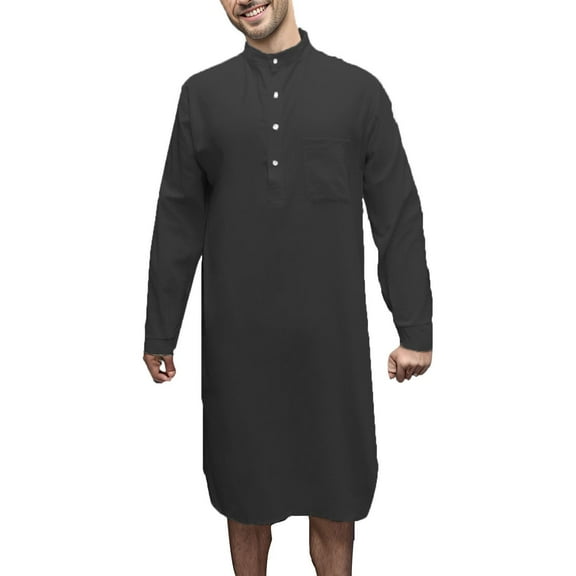 SWSMCLT Men's Cotton Robe Long Sleeve Bathrobe Casual Thin Sleepwear Sleep Gown Side Split Knee Length Nightshirt Black X-Large