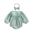 thumbnail image 3 of Staki Smocked Baby Girl Clothes Newborn Girl Bubble Romper Long Sleeve Jumpsuit And Headband Outfit Cute Infant Clothing 0-18M,12-18 Months, 3 of 9