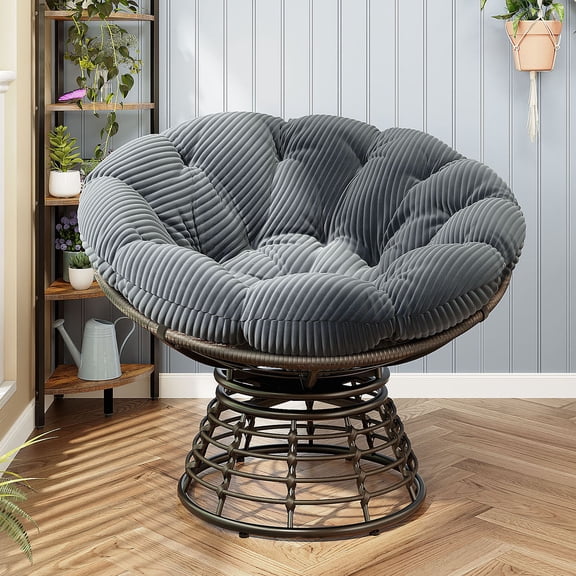 S-HOME Ergonomic Brown Frame Wicker Papasan Chair with Thick Cushion, 360 Degree Swivel for Living Room & Outdoors, Grey