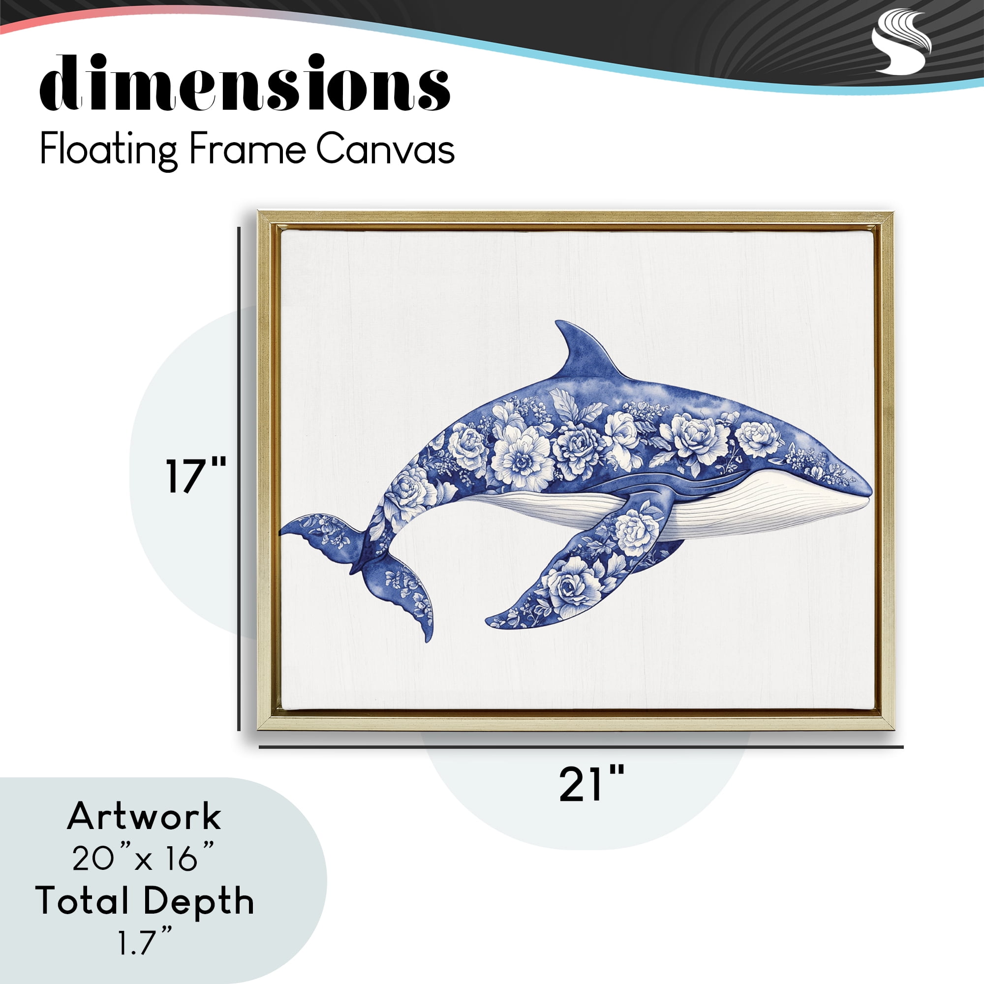 Floral Toile Whale Gold Framed Floater Canvas Wall Art, design by Lettered and Lined