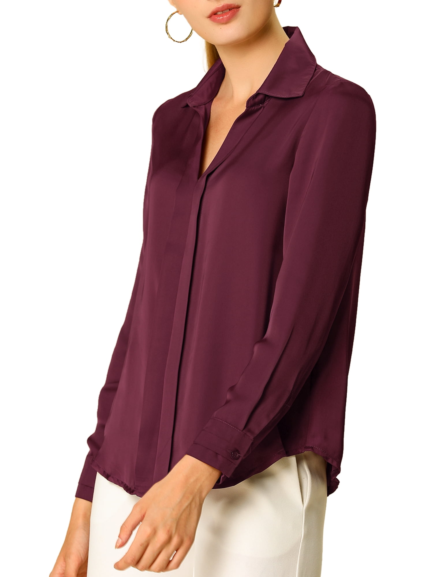 DARING DIVA Women's V Neck Classic Work Office Long Sleeve Shirt XL Wine Red