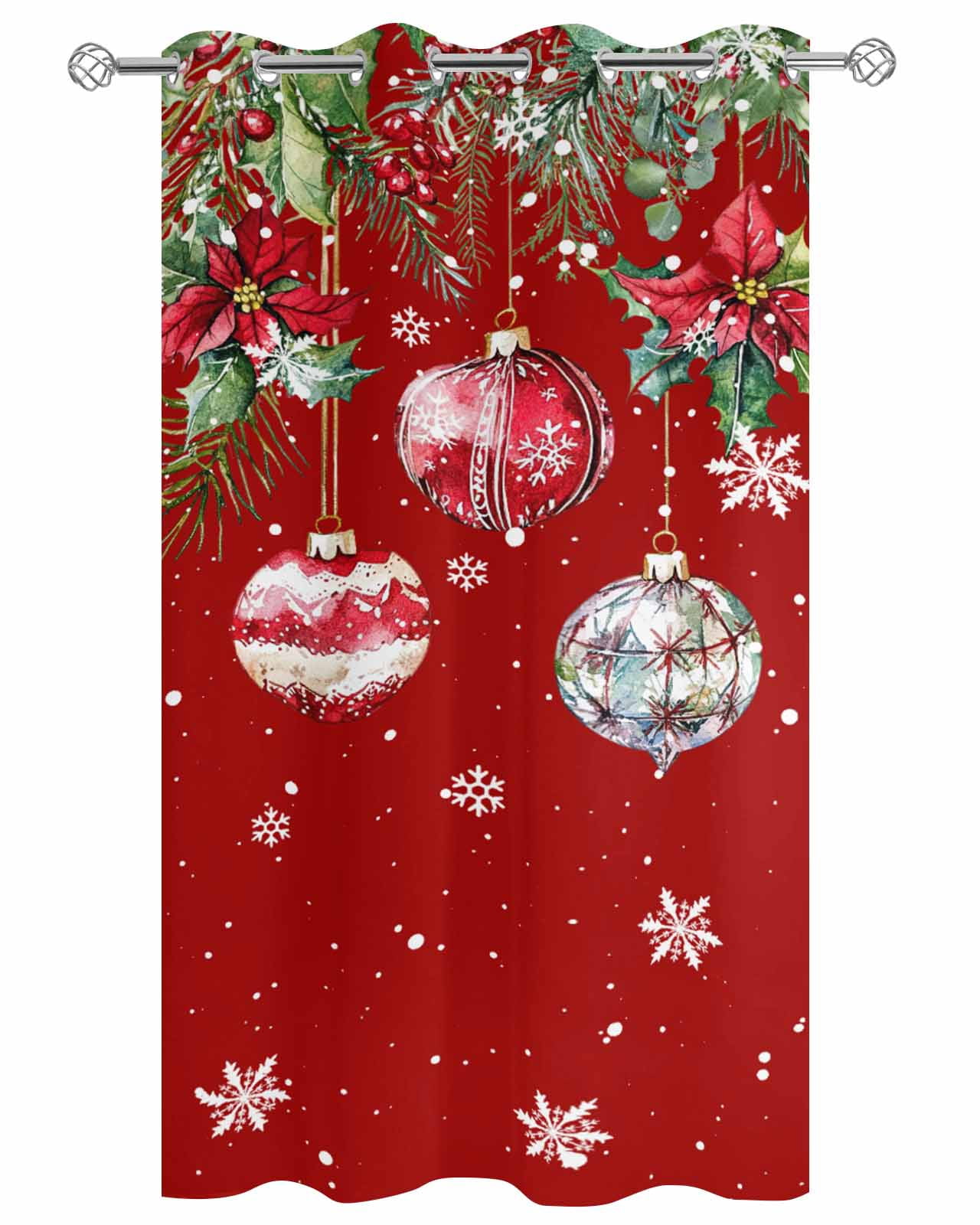 Outdoor Curtains for Patio, Red Christmas Balls Waterproof Blackout Outside Curtain for Porch/Pergola/Gazebo, Xmas Snowflake Botanical Thermal Insulated Drapes for Cabana, 1 Panel, 54 x 95 Inch