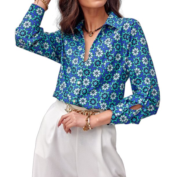 Blusas De Verano Blusas básicas con estampado floral Camisa de manga larga para mujer Traje diario (Azul XL) Ygjytge para Mujer Azul T XL