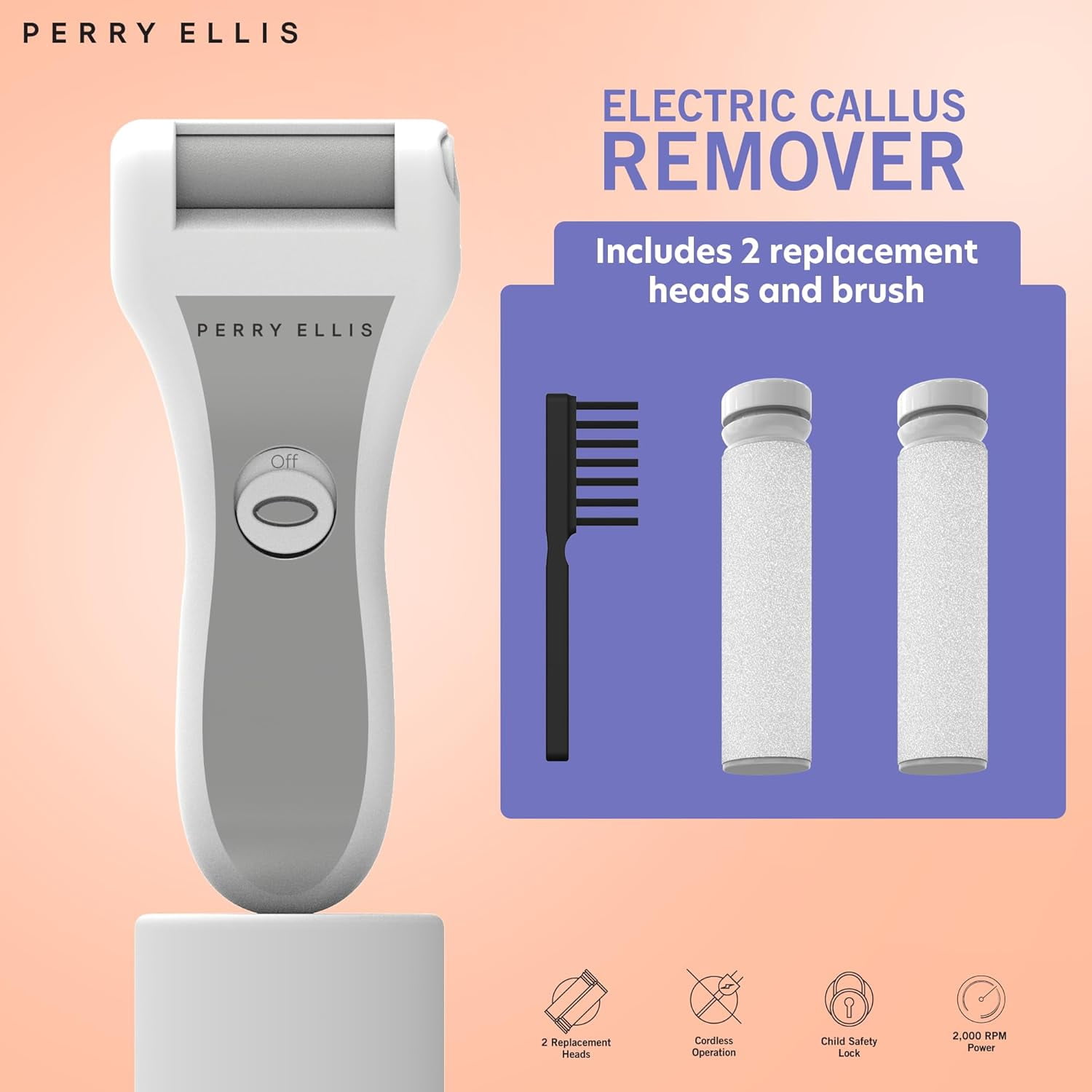 Perry Ellis Electric Callus Remover for Feet, Cordless and Portable Foot File Kit with 3 Pumice-Stone Heads, Cleaning Brush, Child-Safety Lock, and Protective Cap, 2,000 RPM, Batteries Not Included