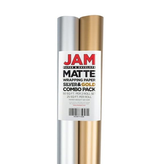 JAM Matte Gold & Silver Foil Wrapping Paper, All Occasion, 25 Sq. ft, 2/Pack