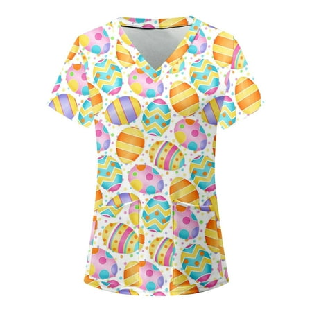 

Easter Scrubs Tops Women Nurse Working Uniforms Cartoon Printed V Neck Short Sleeve Medical Scrub Shirts /L