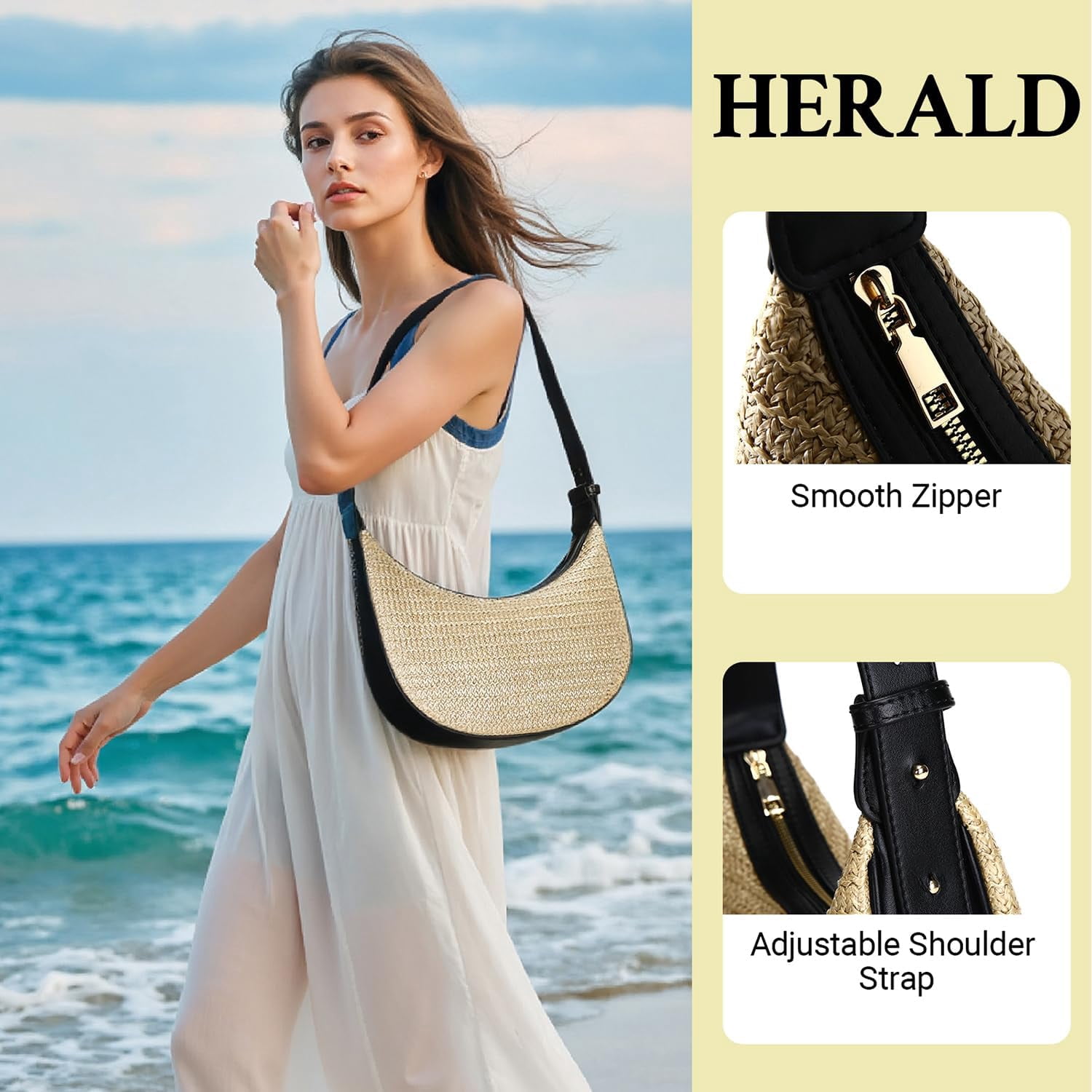 CAILDANL Straw Crossbody Bag for Women Beach Woven Hobo Handbag Summer Chic Crescent Shoulder Purses with Adjustable Strap
