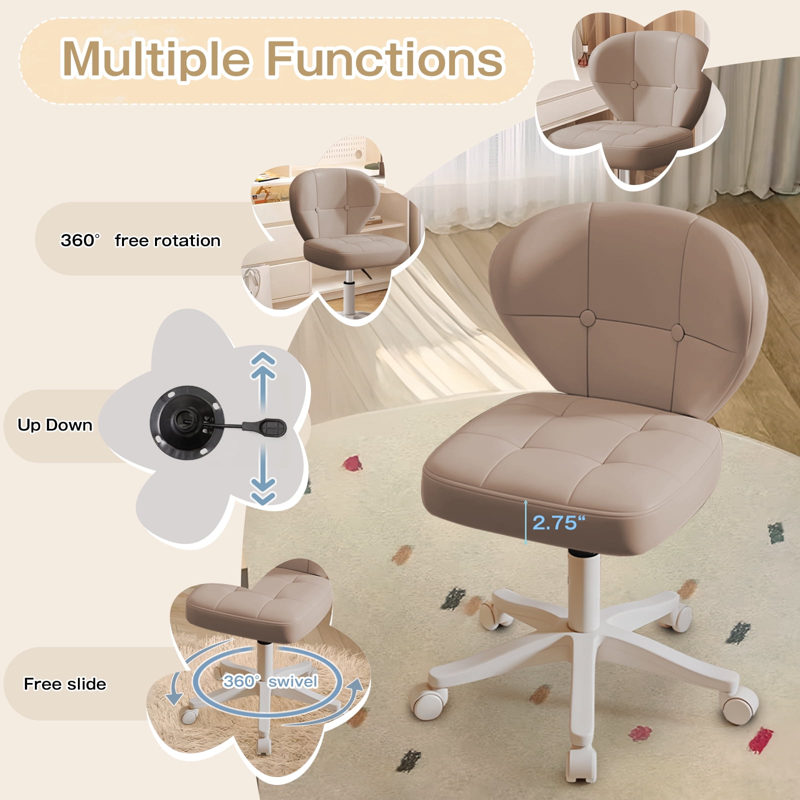 Vanity Chair with Back – Small Armless Office Chair with Wheels, Lumbar Support, PU Leather, Adjustable Height, 360° Swivel for Home, Bedroom, Office Khaki