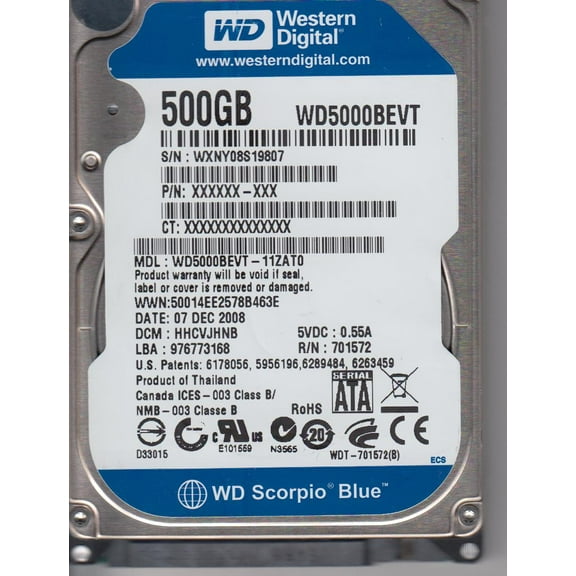 WD5000BEVT-11ZAT0, DCM HHCVJHNB, Western Digital 500GB SATA 2.5 Hard Drive
