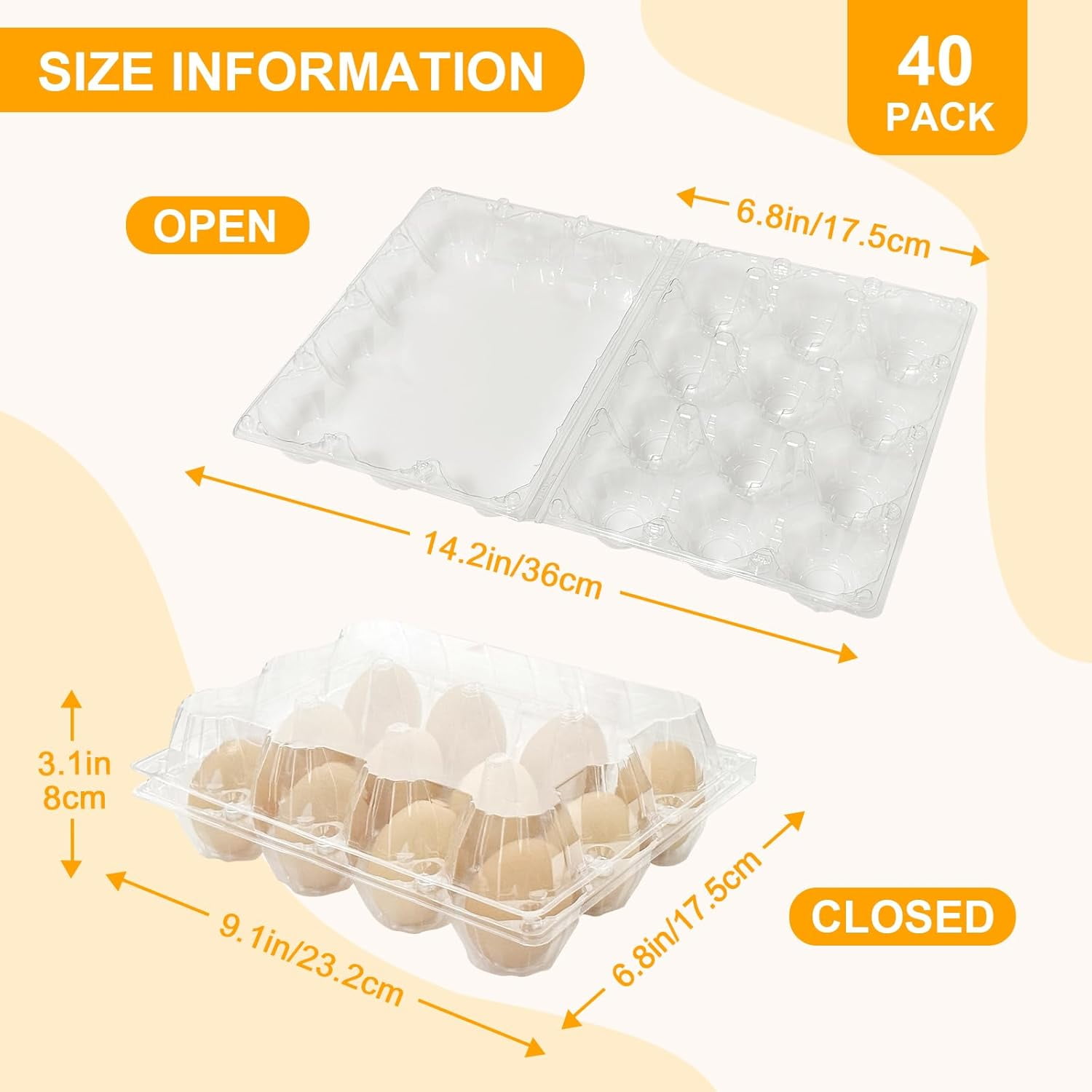 40 Pack Egg Cartons 12 Count - Egg Cartons Cheap Bulk Large - 1 Dozen Plastic Jumbo Egg Cartons Bulk, Clear Empty Chicken Egg Carton for Fresh Duck Goose Eggs