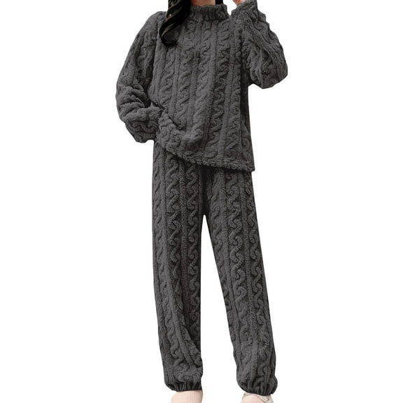 WTXUE Flannel Pajamas Set for Women Winter Warm Plush Cable Knit Sleepwear Loose Comfy Lounge Sets Fluffy Pajama Fleece Mock Neck Pullover Casual Nightwear Grey One Size
