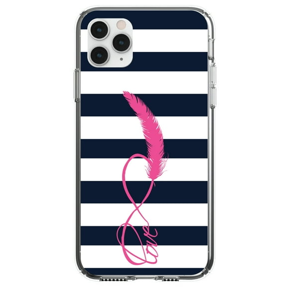 DistinctInk Clear Shockproof Hybrid Case for iPhone 11 Pro MAX (6.5" Screen) - TPU Bumper, Acrylic Back, Tempered Glass Screen Protector - Navy White Stripes Pink Love - Chevron Stripes Pattern