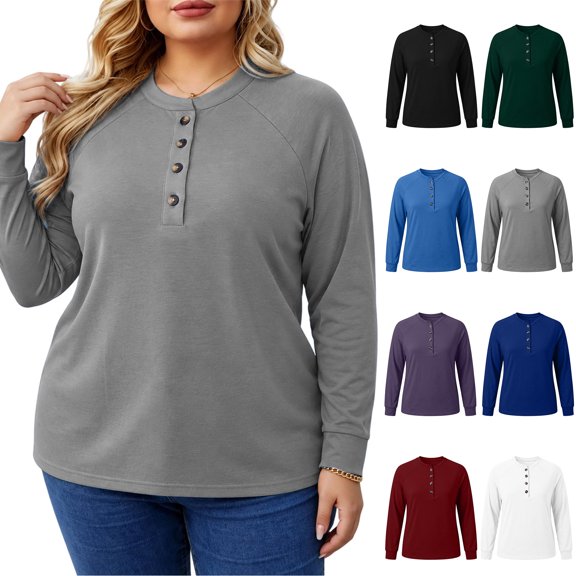 Xaqiouau Large-size Women's Long-sleeved Sweatshirt Raglan Sleeves Button-up Round Neck Casual Loose Top Solid Color Pullover Tee Everyday Essential Basic Shirt Gray XXXXL