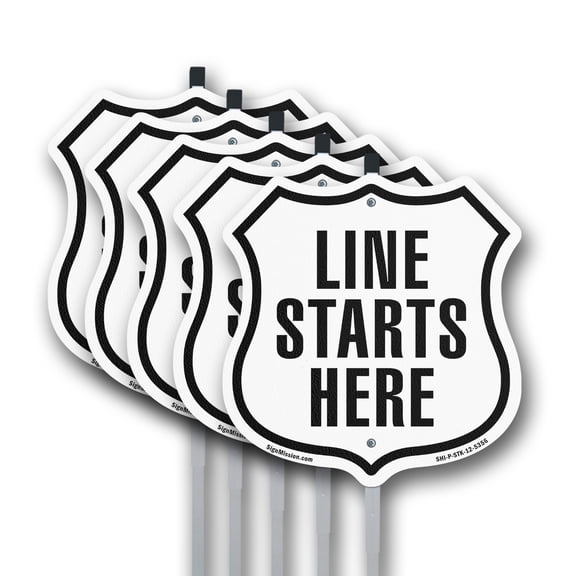 Line Starts Here (5 Pack) 12 inch X 12 inch Shield Shaped Rust-Free Aluminum Metal Signs with Aluminum Mounting Stakes Weather Resistant Made in the USA
