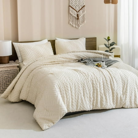 Andency Queen Size Comforter Set Beige, 3 Pieces Boho Cream Tufted Bedding Comforters Sets, All Season Soft Breathable Lightweight Down Alternative Bed Set(90"x90" Comforter & 2 Pillowcases)
