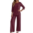 thumbnail image 4 of Stralyhd Lounge Sets for Women Summer 2 Piece Outfits 3/4 Length Sleeve Crew Neck Top Matching Wide Leg Pants Cozy Loungewear Loose Fashion Clothing Vacation Wear Wine L, 4 of 6