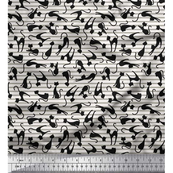 Soimoi Viscose Chiffon Fabric Stripe & Cat Animal Print Fabric by The Yard 42 Inch Wide