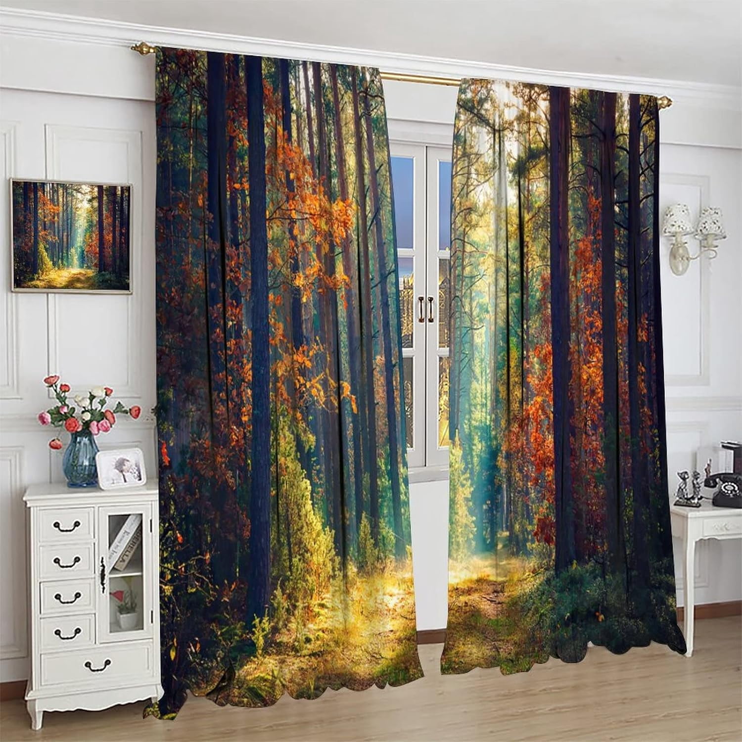 Forest Bedroom Curtains,Nature Scenery Sunshine Trees Blackout Window Door Curtains for Bedroom Living Room Kitchen Bathroom Hotels Decor,2 Panel Set W42xL54in