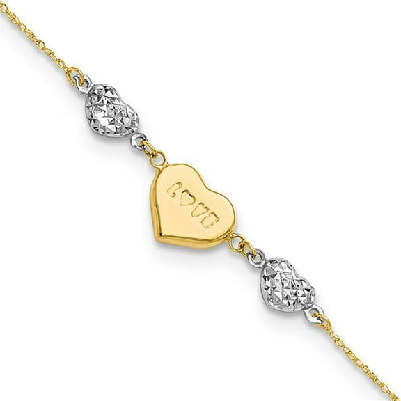 Primal Gold 14 Karat Two-Tone Puffed Love Heart and Diamond-cut Hearts Bracelet
