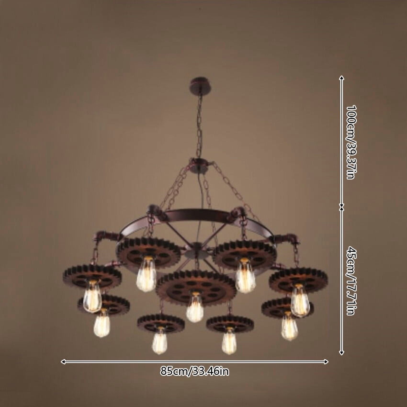 9-Head Gear-Shaped Rustic Ceiling Light Pendant Lamp Fixture Steampunk Gear Chain Chandelier 110V 40W 33.46*17.71in for Residential and Commercial Lighting, Living Rooms, Bedrooms