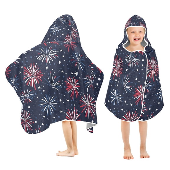 Yayeee Kids Hooded Towel with Hand Pockets Beach Soft Absorbent Bath Wrap 50 x 23.5 inch, Red and Blue Fireworks Pattern