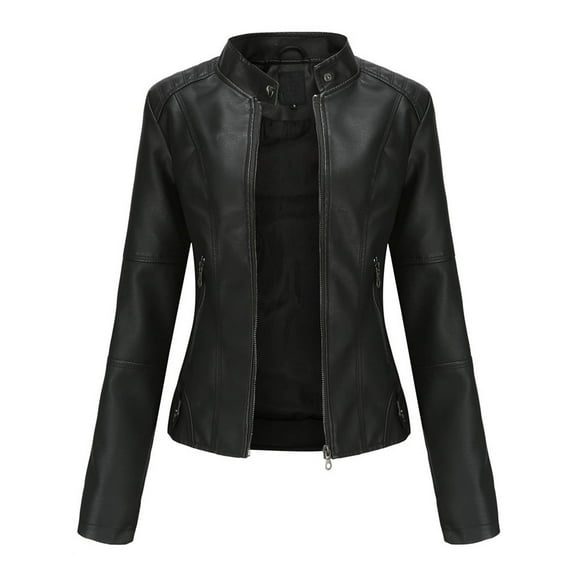 DondPO Women's Faux Leather Jacket Jacket Slim Solid Collar Women's Color Zipper Leather Stand-Up Stitching Women's Coat Motorcycle Jacket Women Leather Jacket Women Black L Clearance!