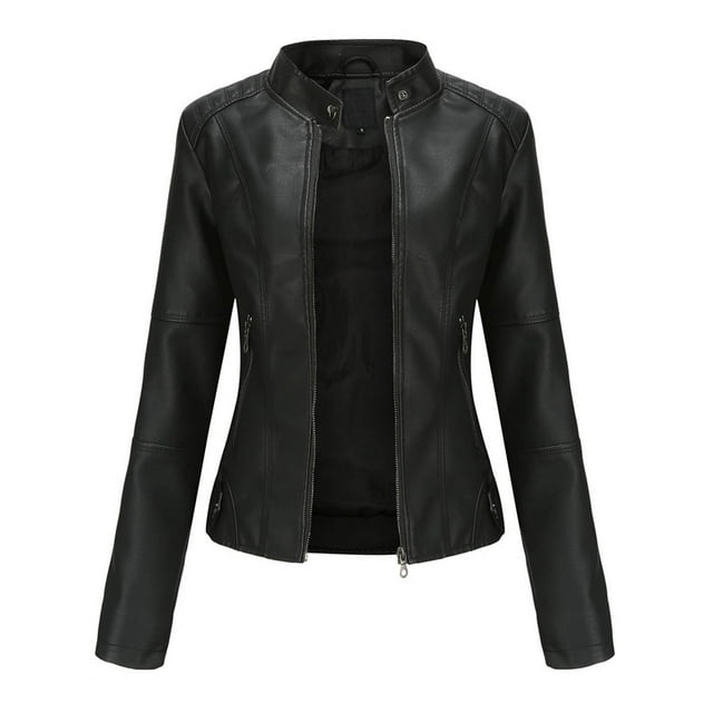 jsaierl New Ladies Slim Leather Stand-Up Collar Zipper Stitching Solid Color Jacket