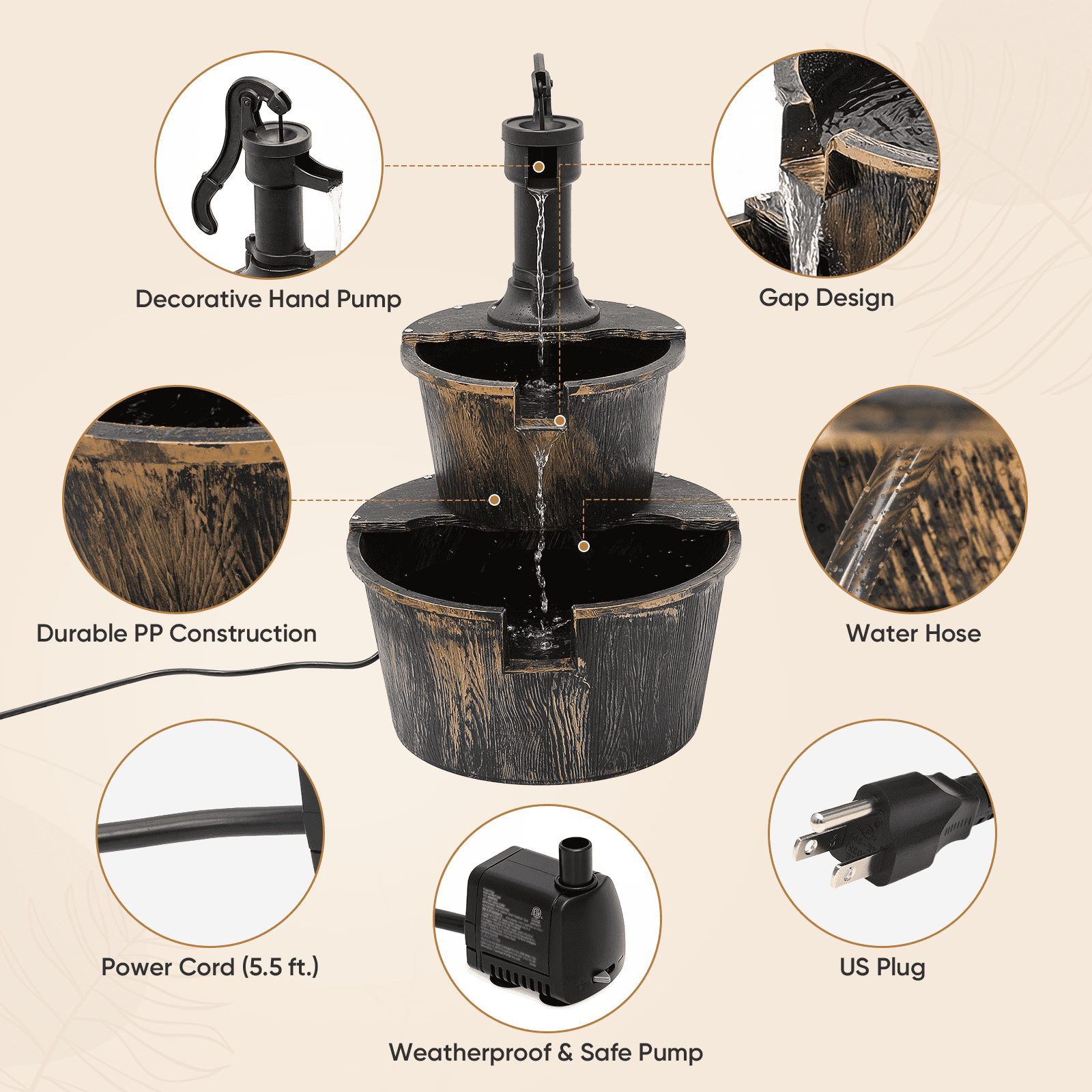 Magshion 27" Barrel and Pump Fountain Outdoor, Cascading Waterfall Fountain with Electric Recirculating Pump for Garden Patio Backyard Décor, Bronze