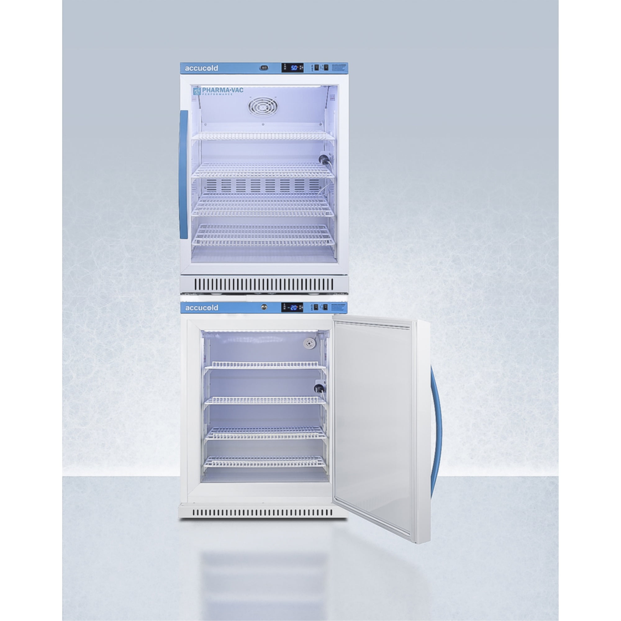 Performance Series Pharma-Vac stacked vaccine refrigerator/freezer combination