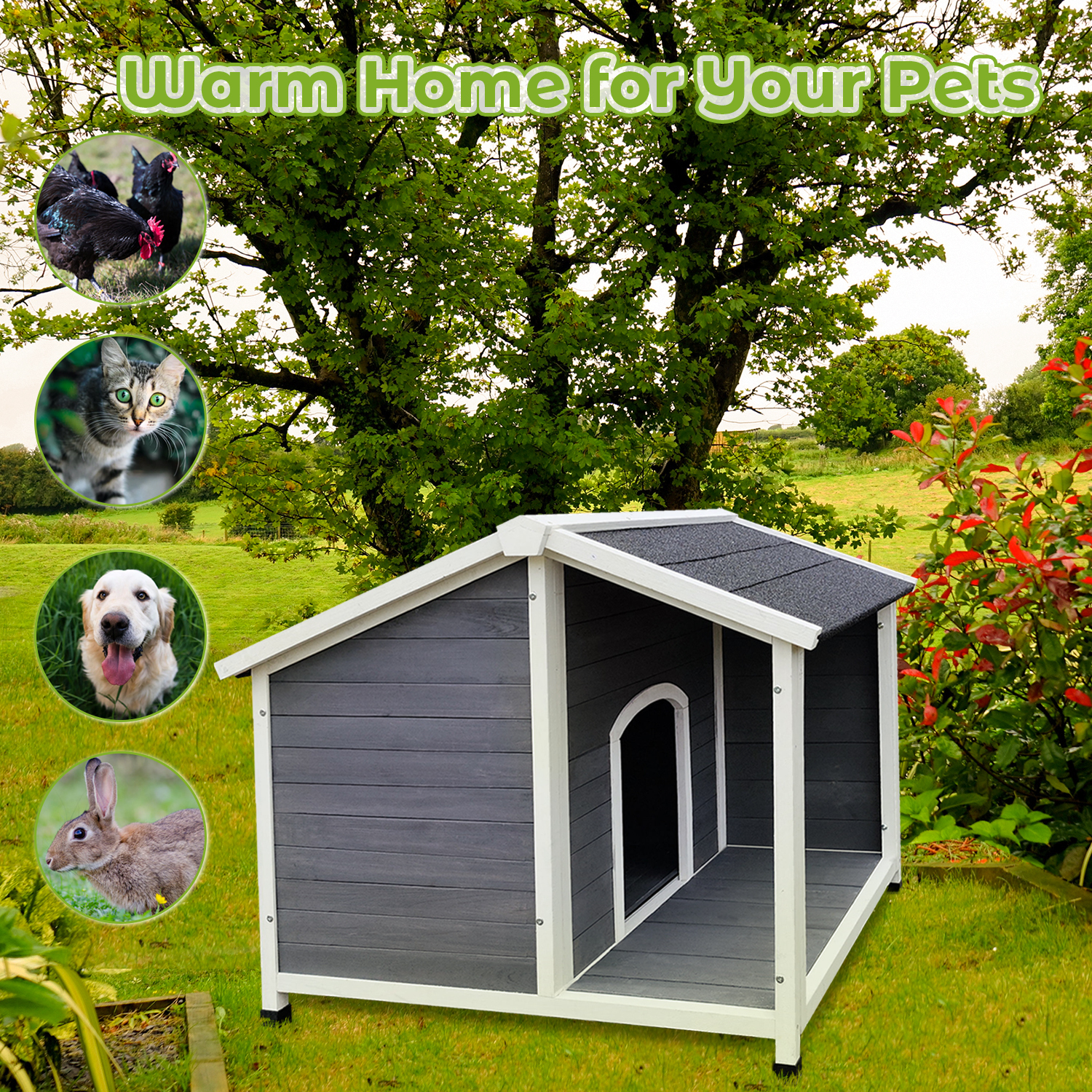 Aukfa Outdoor Wooden Dog House, 32" Height for Small to Medium Dog up to 40lbs, Windproof,Waterproof
