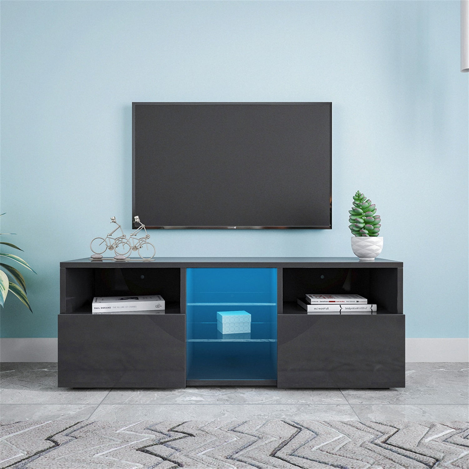 Kadyn Modern High-Gloss TV Cabinet, MDF Minimalist TV Cabinet with 20 colors LED Lights and 2 Drawers, Entertainment Center TV Console for TVs up to 55", Black