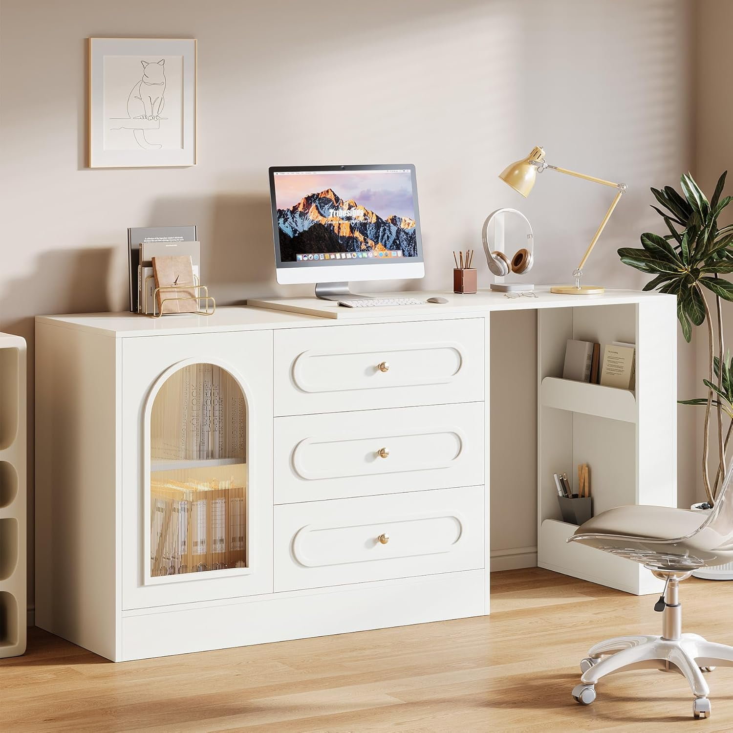 Tribesigns L-Shaped Computer Desk with 3 Drawers, Reversible Corner Desk with Cabinet