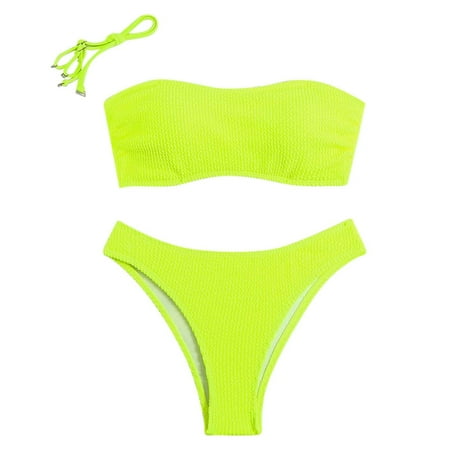 ZQGJB Women s Two Piece Bandeau Swimsuit Ribbed Solid Color Strapless Tube Bikini Top with Mid Waist Cheeky Bottom Bathing Suit(Yellow L)